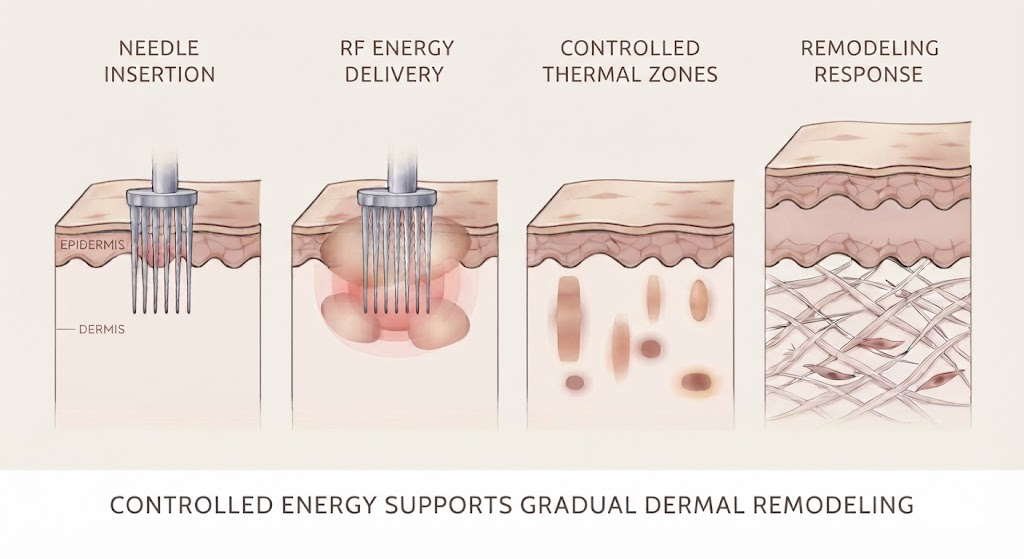 Educational illustration showing RF microneedling needle insertion, radiofrequency energy delivery, controlled dermal thermal zones, and gradual remodeling response