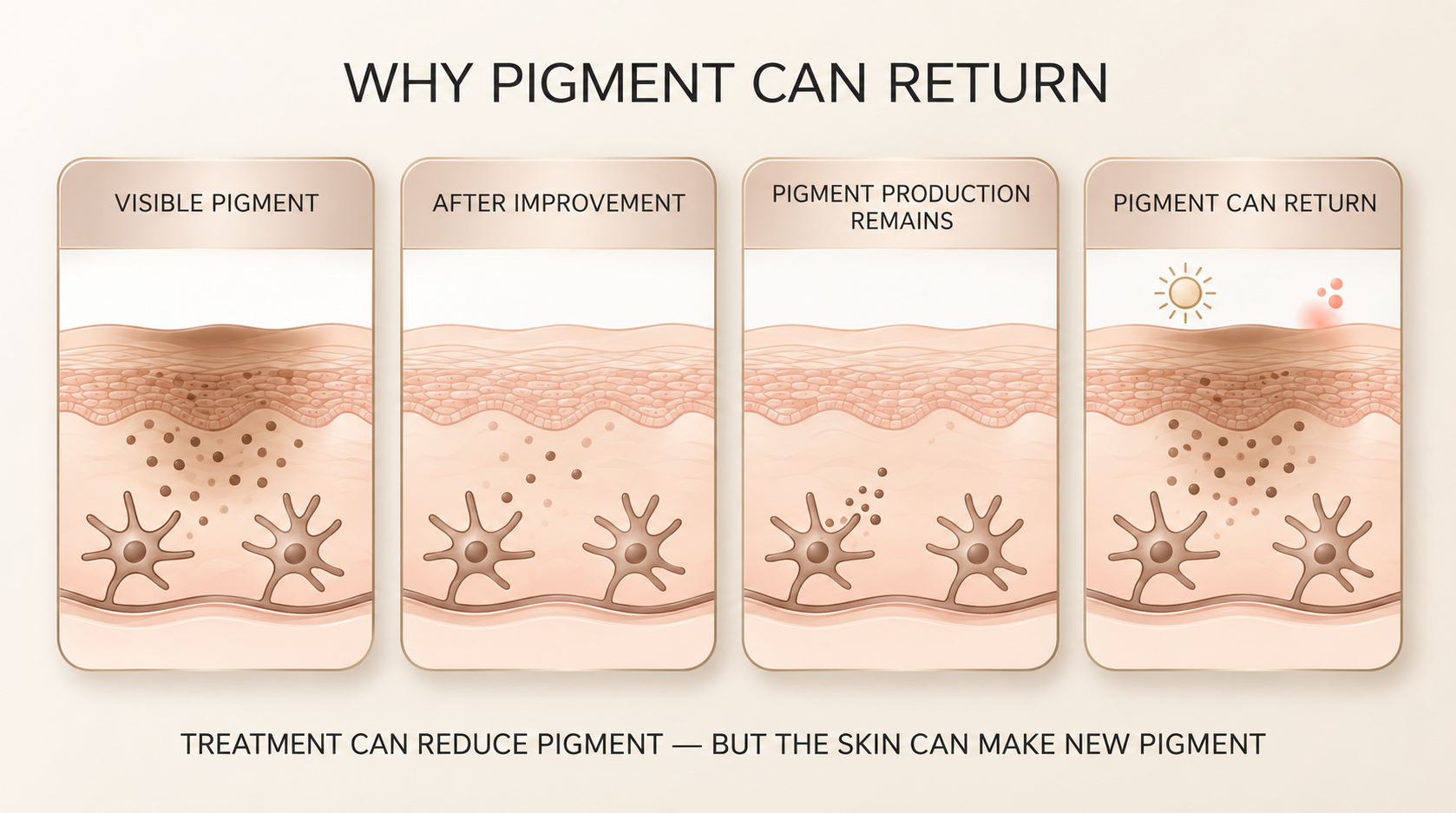 Educational illustration showing visible pigment, improvement, continued pigment production, and the possibility of pigment returning after treatment