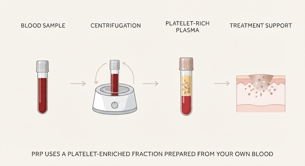 Educational illustration showing blood sample collection, centrifugation, platelet-rich plasma preparation, and treatment-support concept for PRP skin rejuvenation