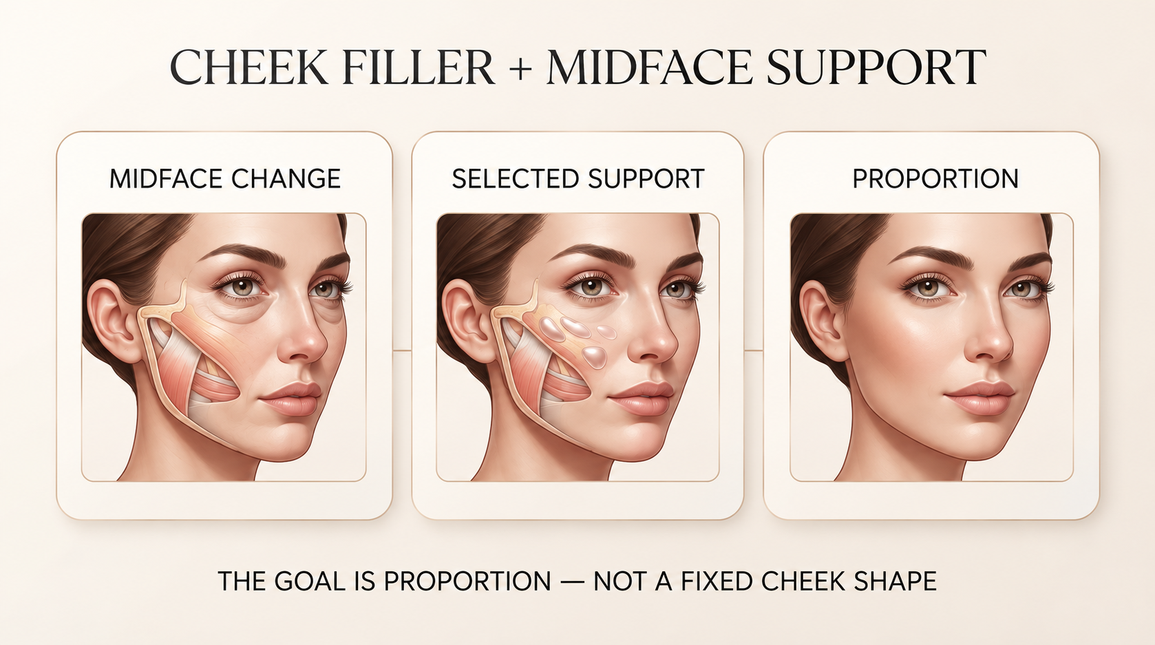 Educational illustration showing age-related midface change, selected localized cheek filler support, and balanced facial proportion