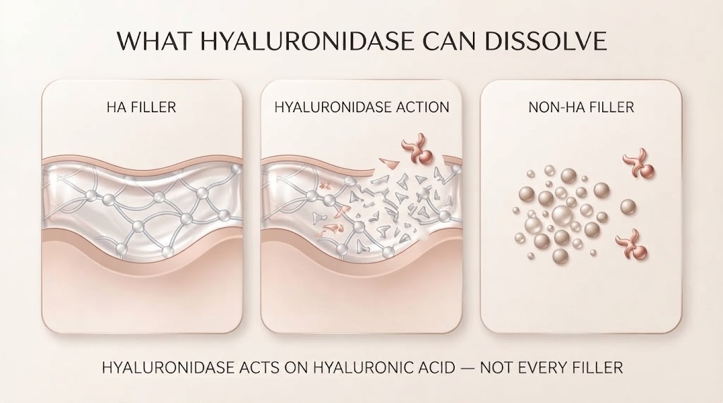 Educational illustration showing hyaluronic acid filler, hyaluronidase breaking down the HA gel network, and non-HA filler remaining distinct