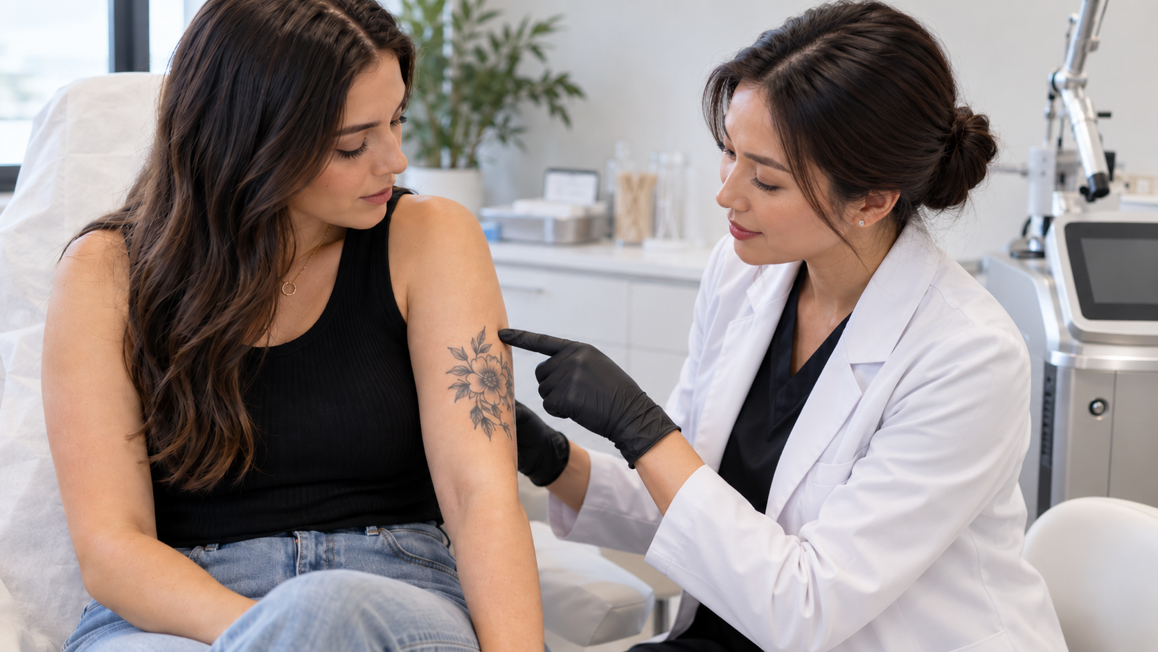 Tattoo removal consultation with an Asian clinician reviewing a floral arm tattoo