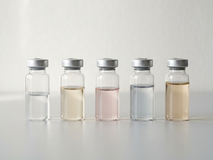 Five unlabelled glass vials containing subtly different regenerative-aesthetic liquids