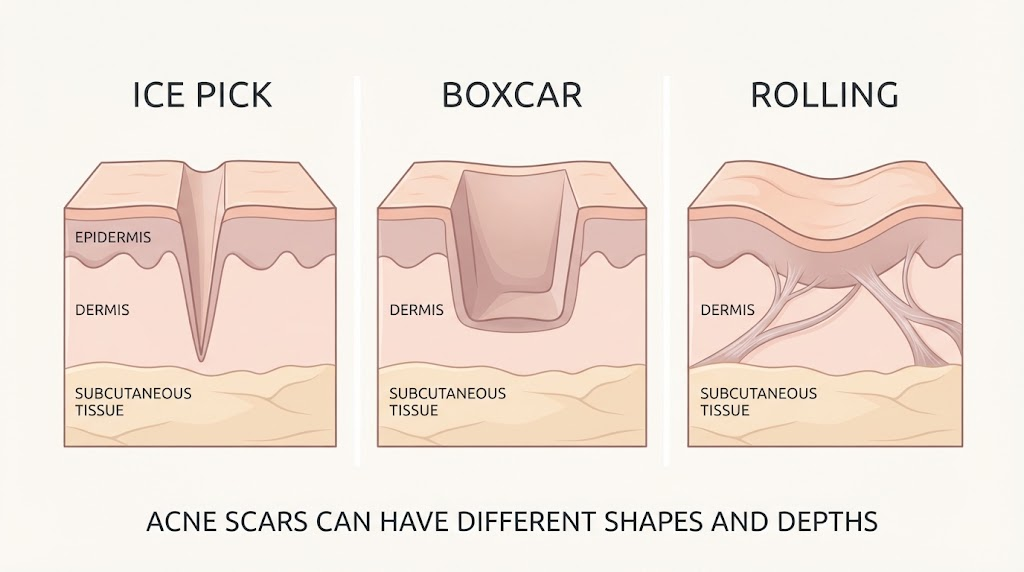 Educational illustration comparing ice-pick, boxcar, and rolling atrophic acne scar shapes and depths