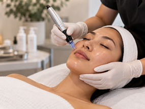 Professional microneedling treatment on the cheek in a modern medical spa