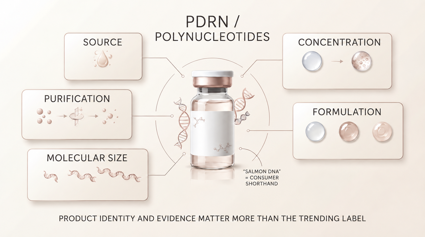 Educational illustration showing that PDRN and polynucleotide products can differ by source, purification, molecular size, concentration, and formulation