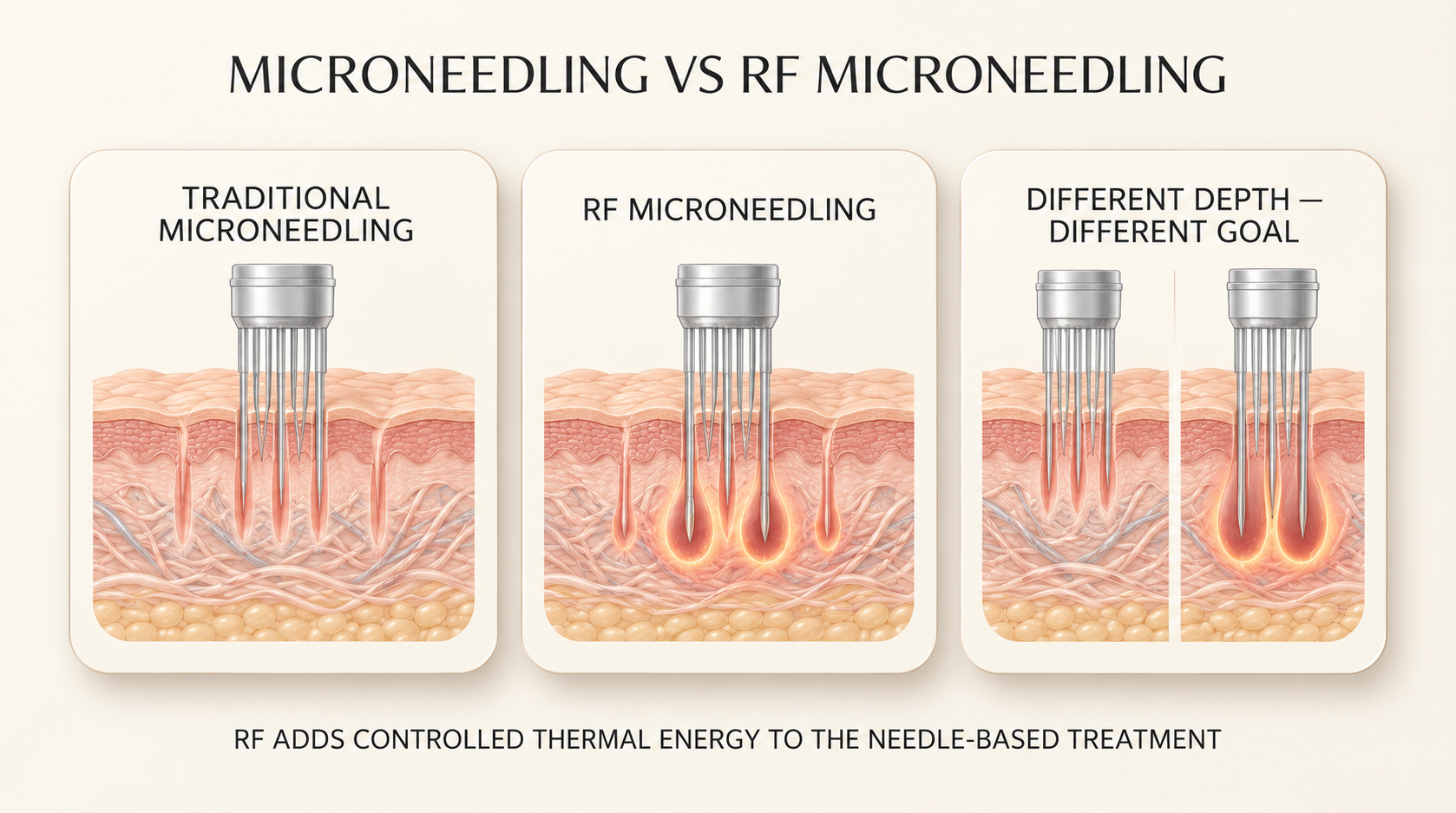 Educational illustration comparing traditional microneedling microchannels with RF microneedling, which adds controlled thermal energy at selected depths
