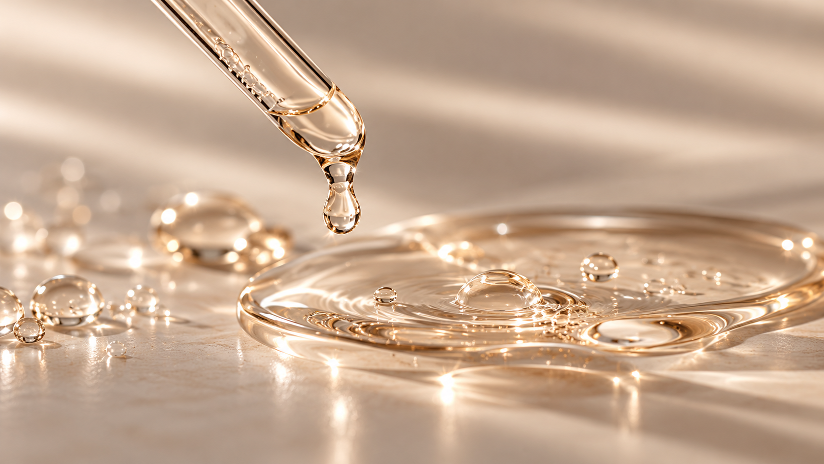 Glass dropper releasing a golden skincare serum droplet over a reflective liquid surface