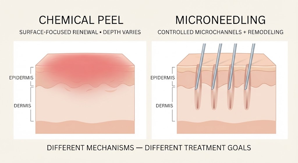 Educational comparison showing surface-focused chemical peel renewal with variable depth versus microneedling mechanical microchannels extending into the dermis