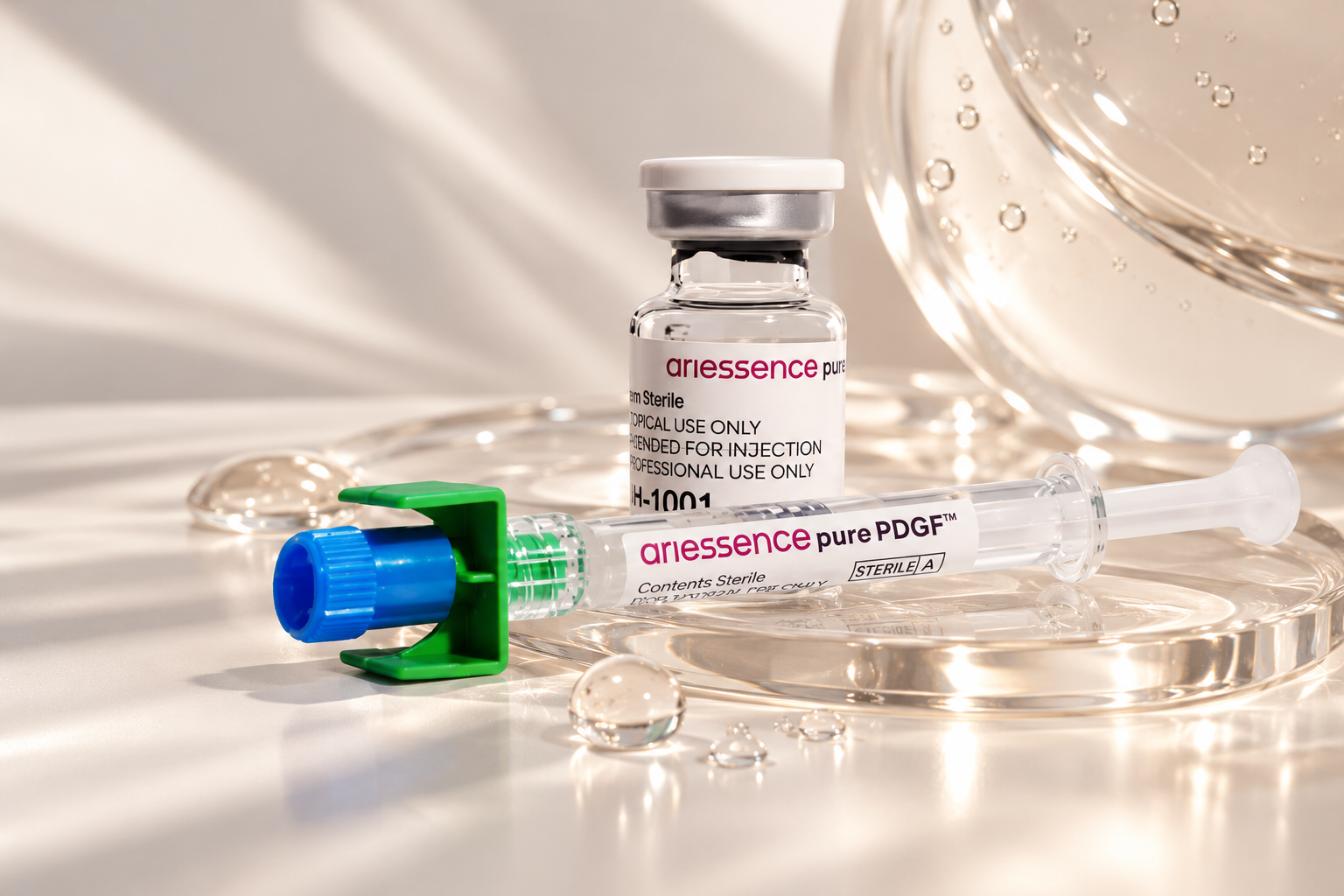 Ariessence® Pure PDGF+ professional skincare vial and topical dispensing syringe