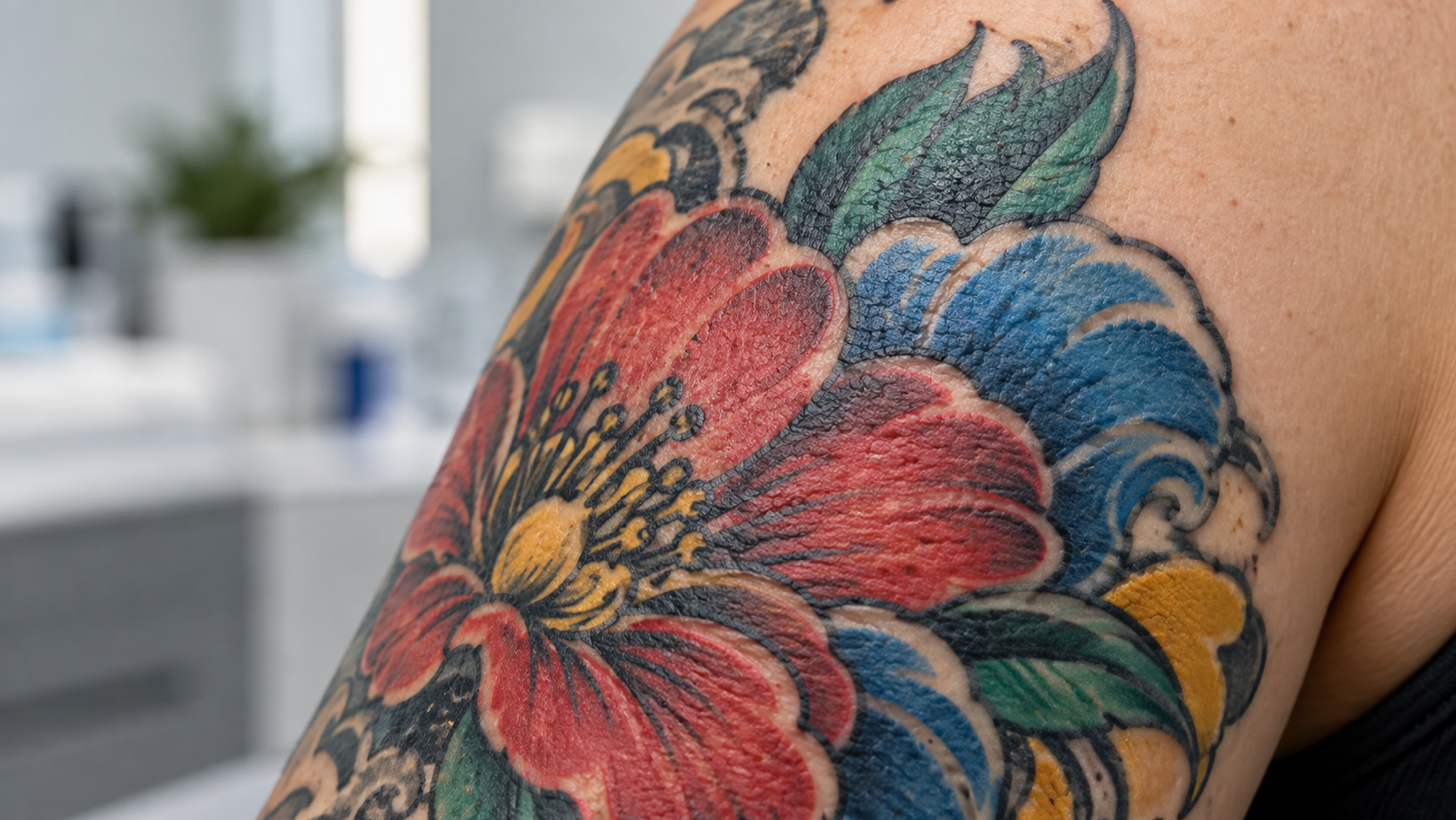 Close-up of a multicolor tattoo illustrating different tattoo pigment colors