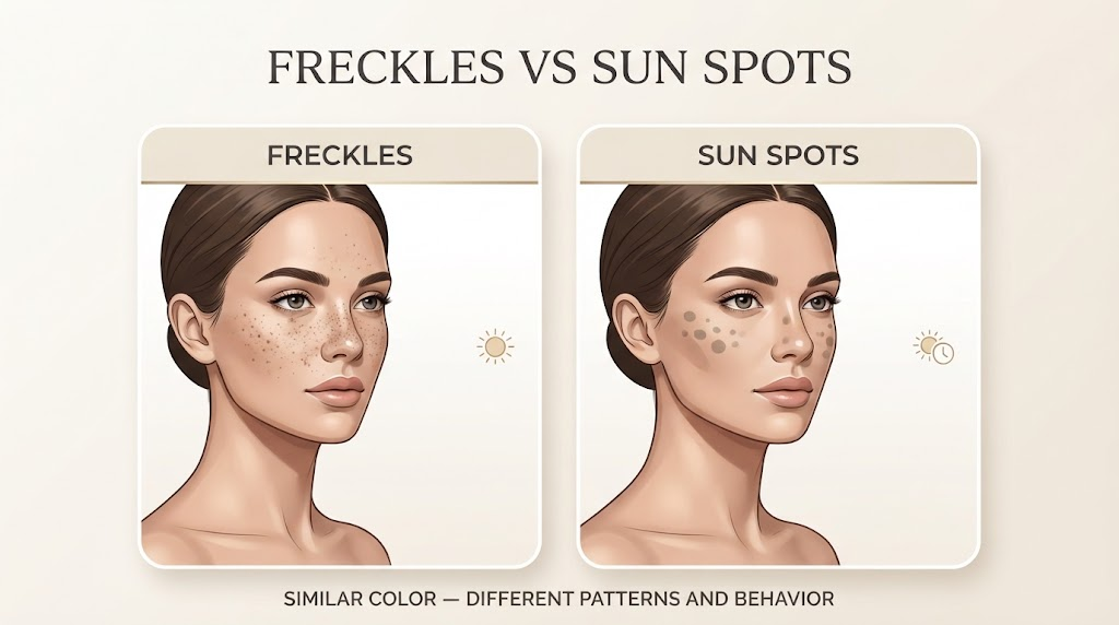 Educational illustration comparing freckles with sun spots, showing smaller scattered freckles and fewer larger discrete sun spots