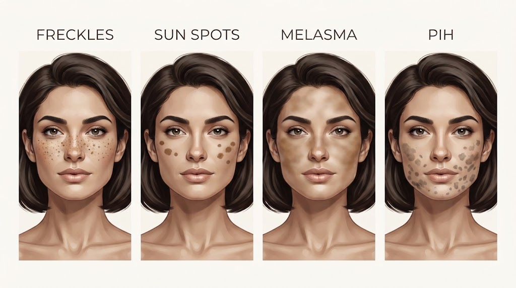 Educational comparison illustration showing freckles, sun spots, melasma, and post-inflammatory hyperpigmentation patterns on the same face