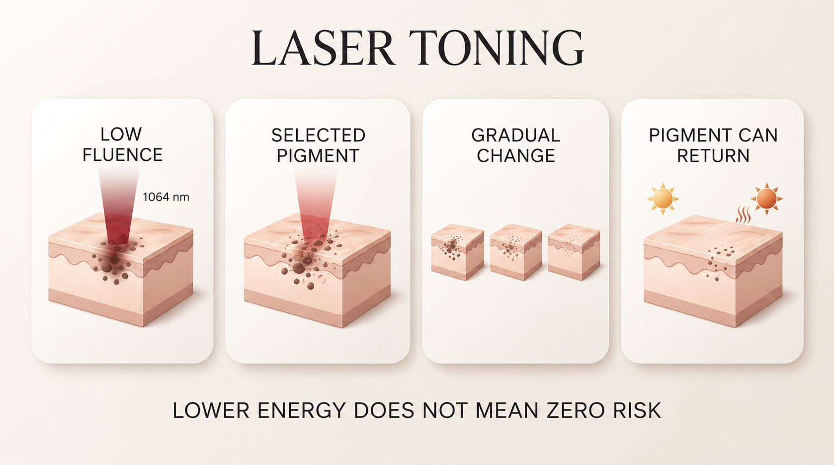 Educational illustration showing low-fluence laser toning, selective pigment targeting, gradual pigment change, and the possibility of pigment recurrence