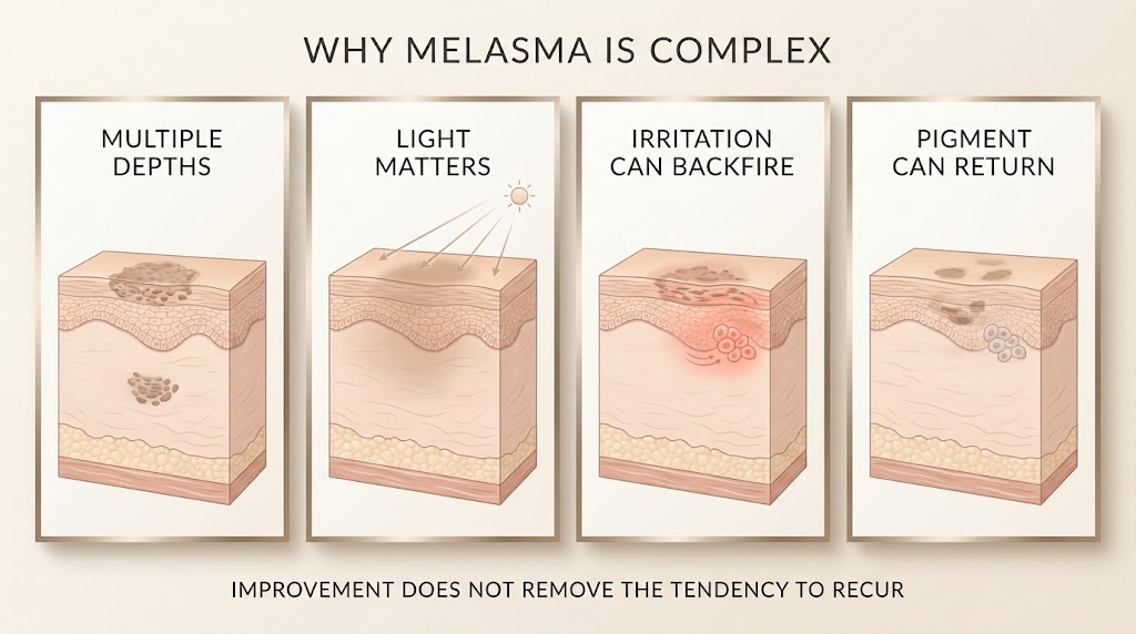 Educational illustration explaining why melasma is complex, including pigment at multiple depths, light exposure, irritation, and recurrence