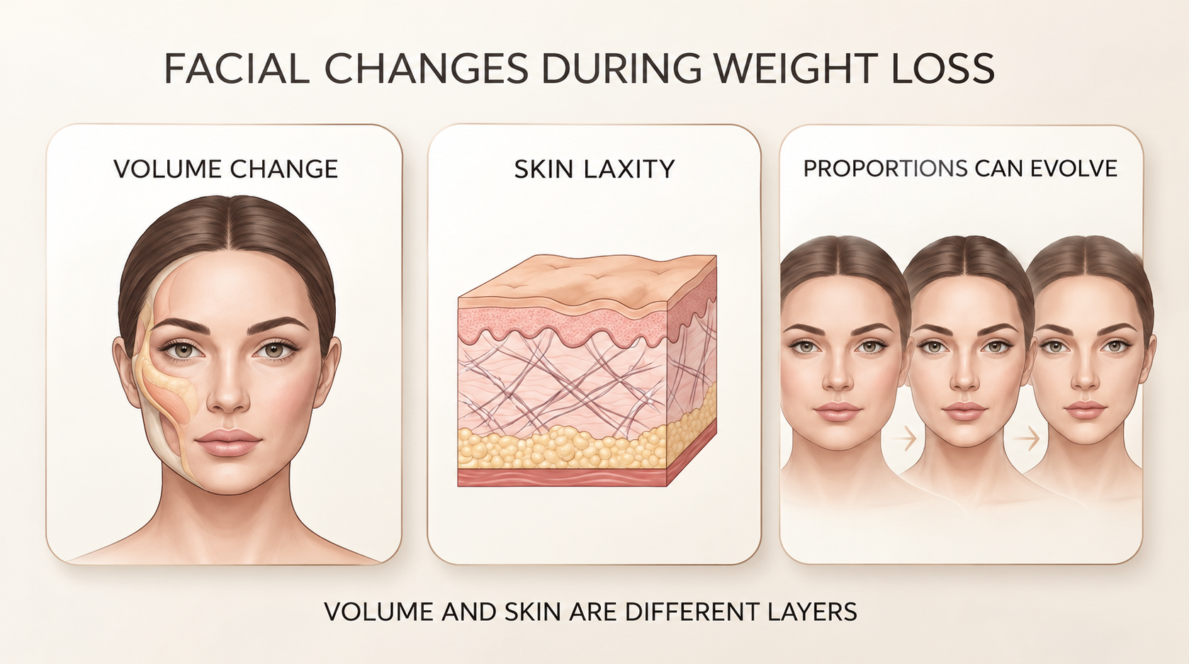 Educational illustration distinguishing facial volume change, skin laxity, and evolving facial proportions during weight loss