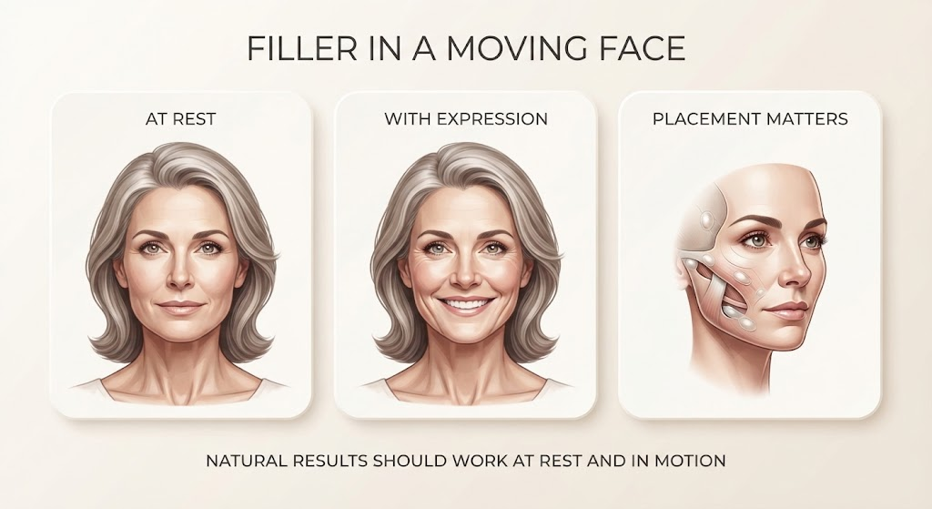 Educational illustration comparing a face at rest, with expression, and simplified filler placement within moving facial soft tissue
