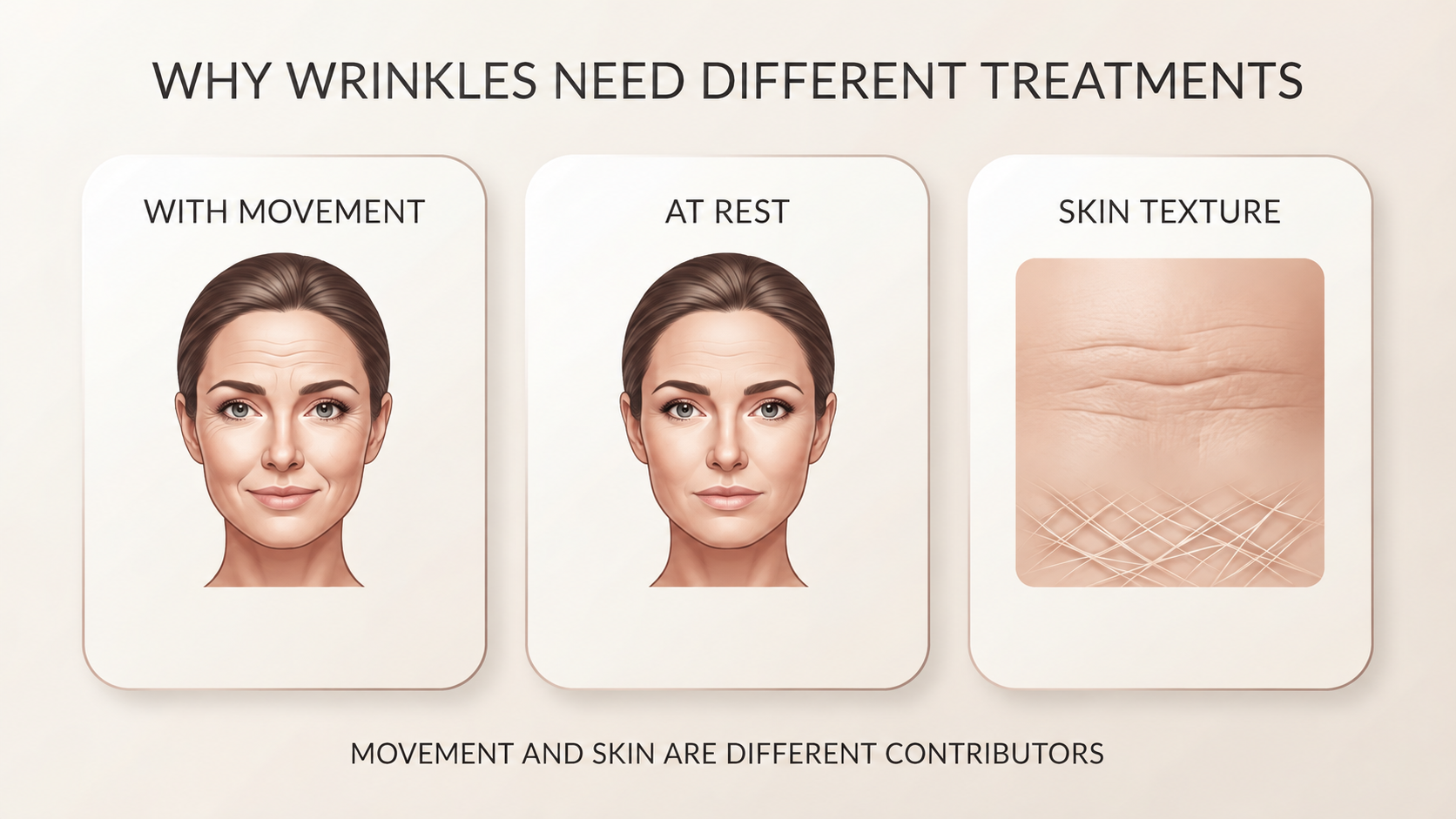 Educational illustration comparing movement-related facial lines, lines visible at rest, and skin texture as different contributors to wrinkles