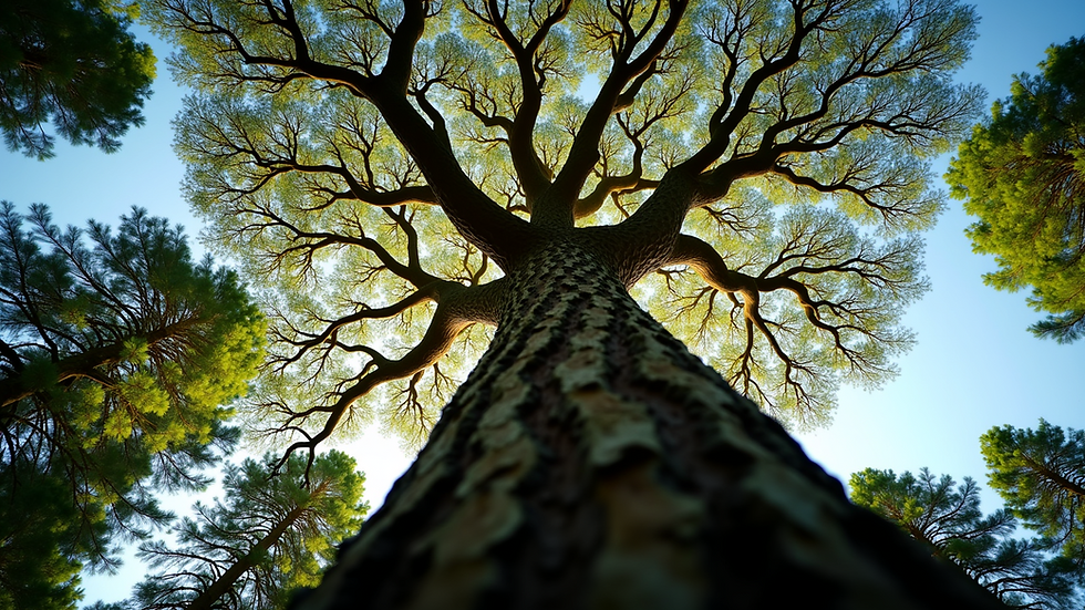 Eye-level view of ancient tree reaching skyward