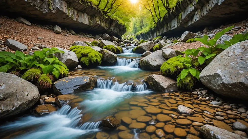 Close-up view of clear underground stream flowing through rocks