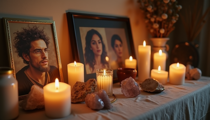 Eye-level view of a home altar with candles, quartz crystals, and ancestral photos