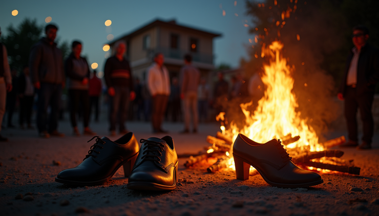 Eye-level view of a traditional Greek bonfire burning old shoes outdoors