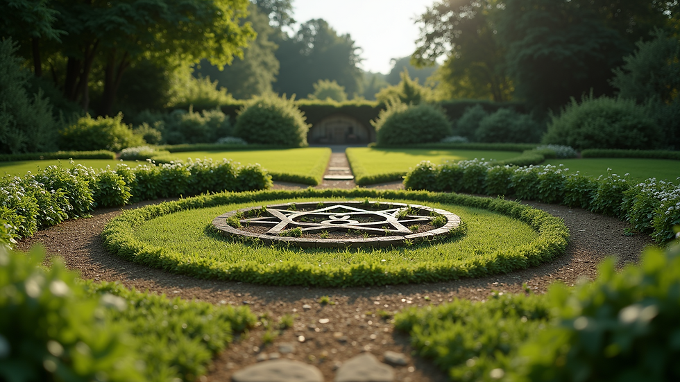 Eye-level view of a circular garden design marked with a pentacle