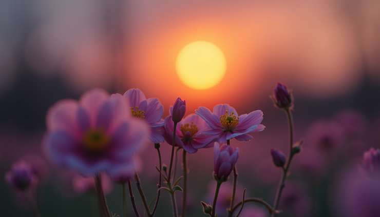Eye-level view of a glowing orange moon rising behind delicate spring flowers