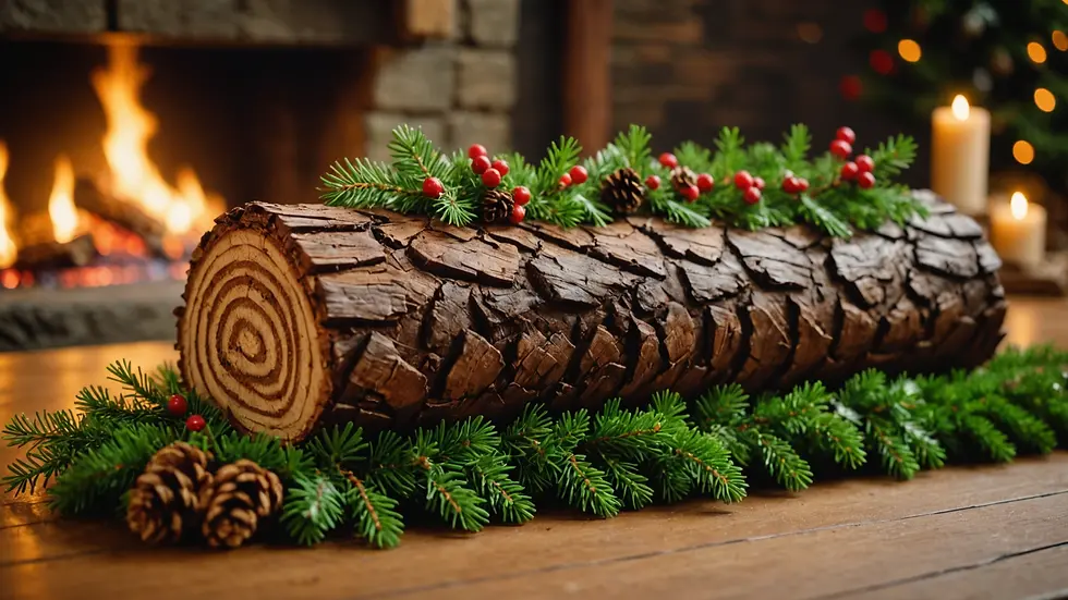 Close-up view of a traditional Yule log with greenery