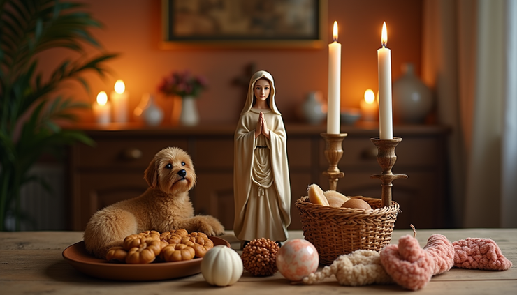 Eye-level view of a small altar with candles and a statue of Saint Anthony surrounded by pet toys and treats