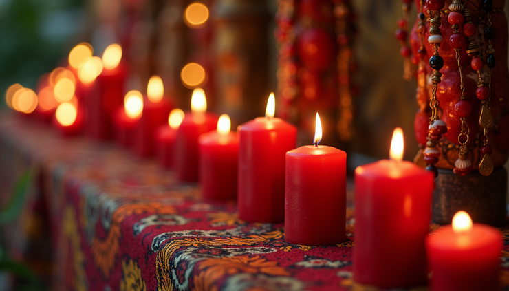 Eye-level view of a vibrant altar decorated with red candles and traditional Chango symbols