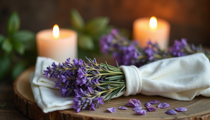 Eye-level view of a white cloth bundle tied with herbs on a wooden altar