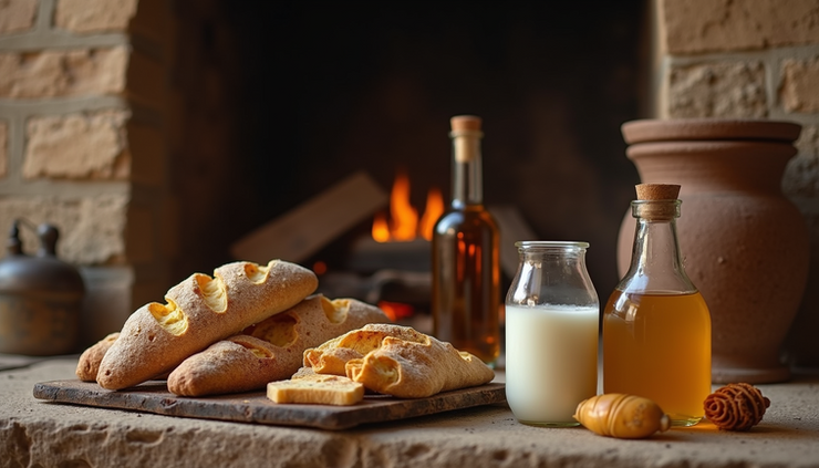 Eye-level view of a small Roman household shrine with offerings of bread, wine, and honey