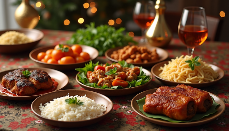 Eye-level view of a traditional New Year’s feast table with dishes symbolizing luck and prosperity