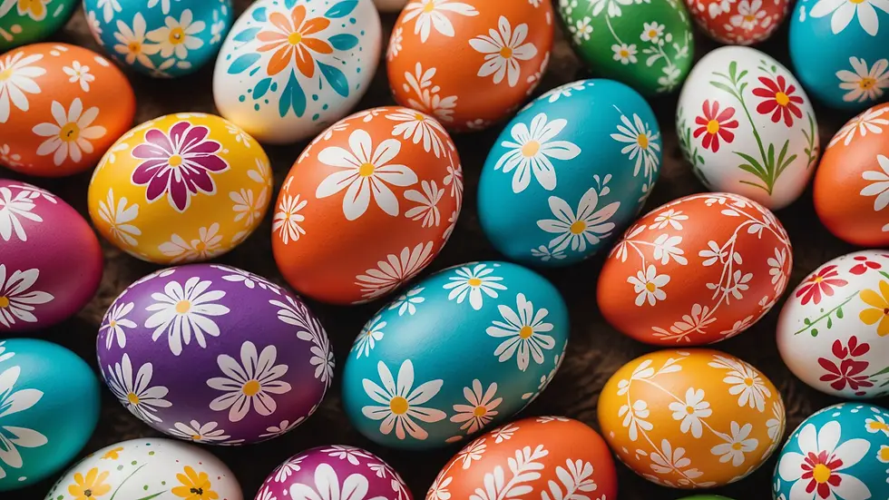 Close-up view of beautifully decorated eggs with colorful designs