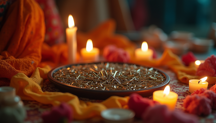 Close-up view of a shrine made from broken sewing needles arranged with candles and fabric