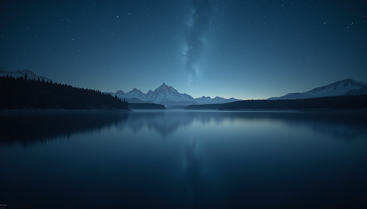 Eye-level view of a serene lake reflecting a starry night sky