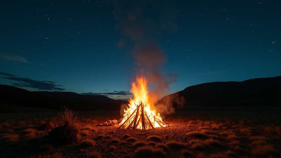 Wide angle view of a glowing bonfire under a starlit sky