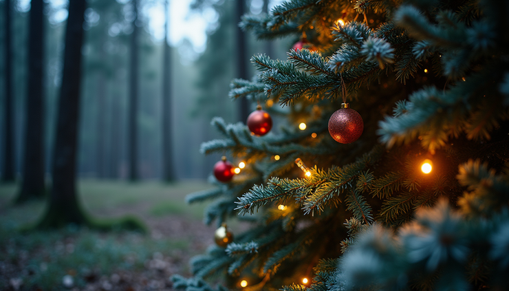 Eye-level view of an evergreen tree decorated with natural ornaments and soft glowing lights