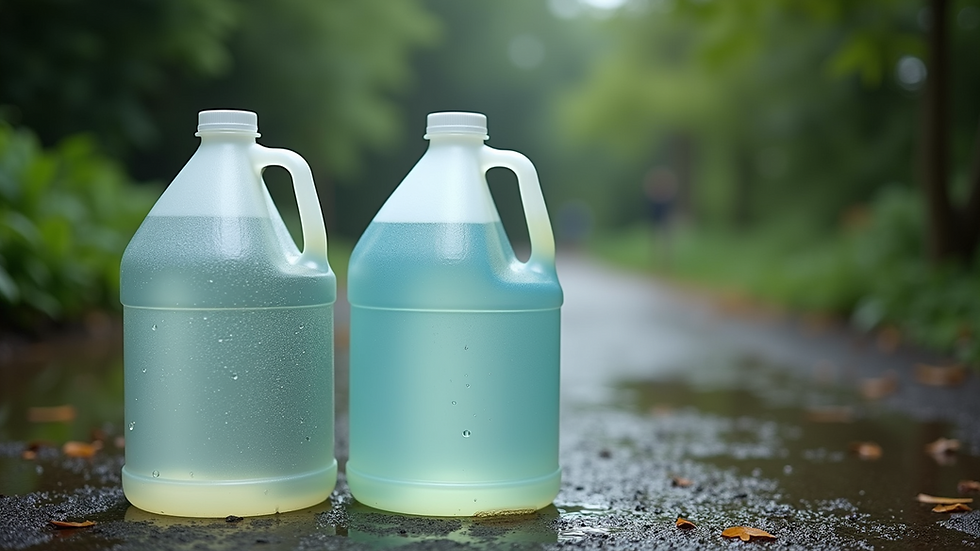Close-up view of rainwater collected in clear plastic jugs outdoors