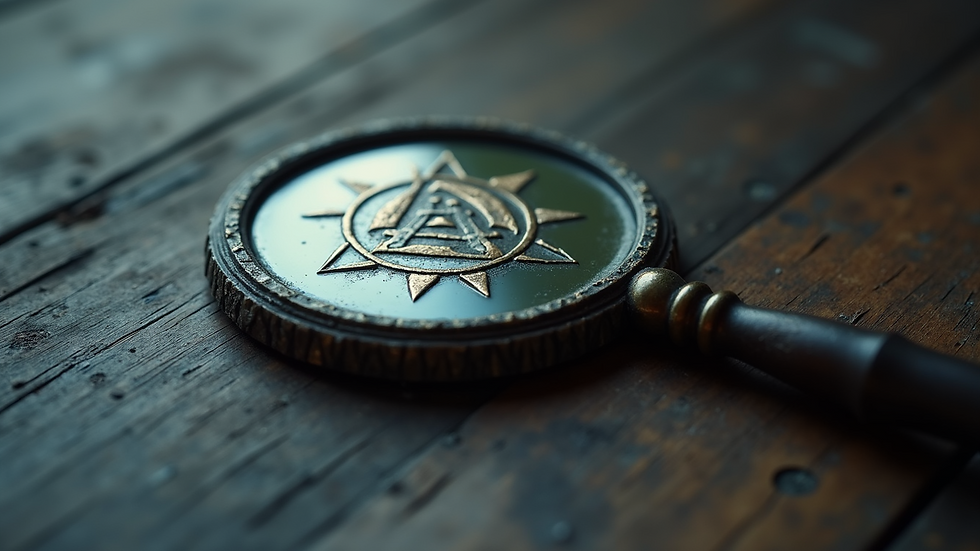 Close-up view of a small mirror with a protective sigil inscribed on the back