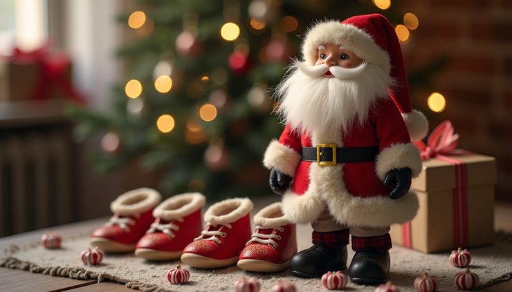 Eye-level view of a traditional Saint Nicolas figure with children’s shoes filled with treats