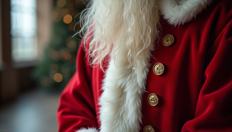 Eye-level view of a traditional Santa Claus suit with fur trim and red fabric