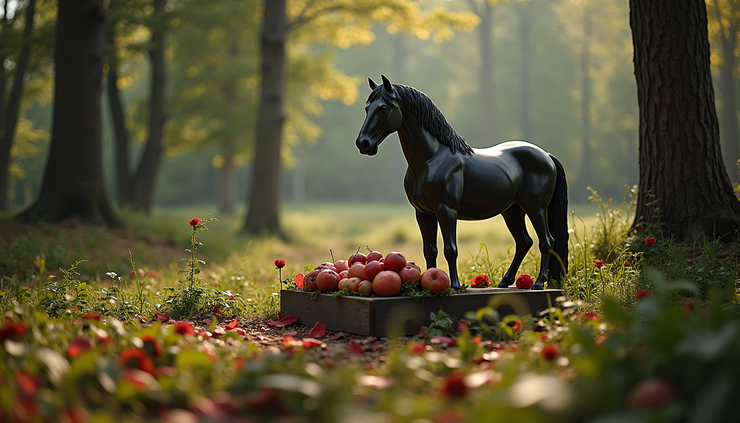 Eye-level view of a horse statue surrounded by apples and roses on a natural altar