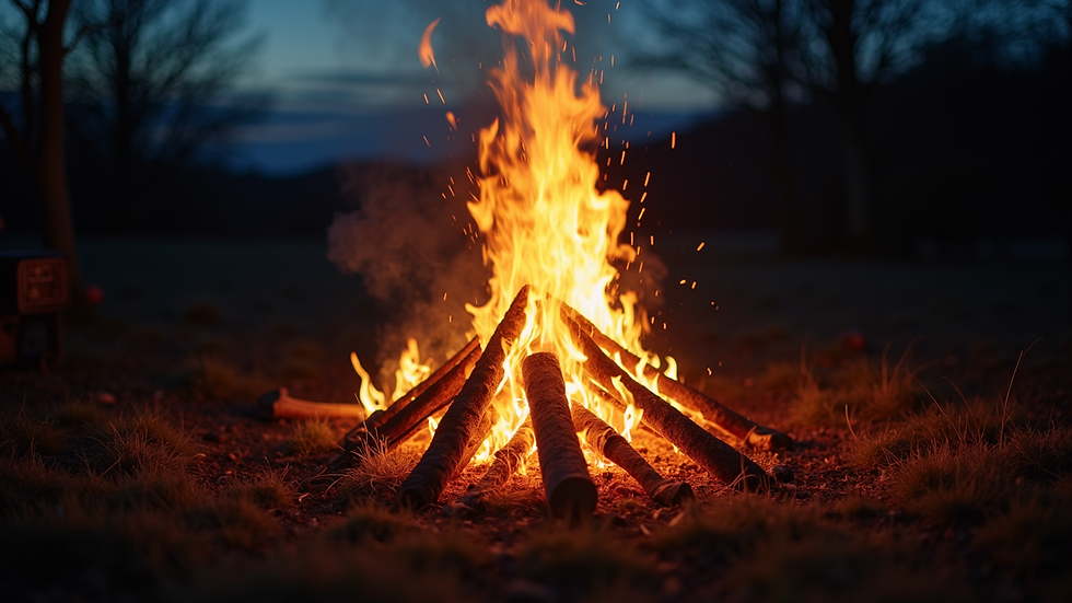 Close-up view of a Beltane bonfire flickering at night