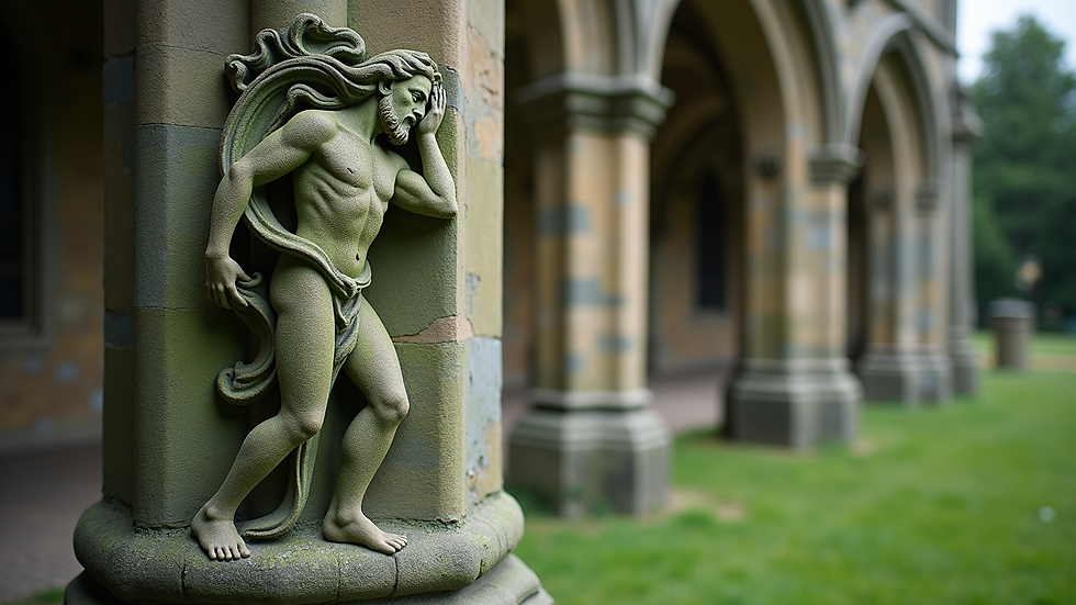 Close-up view of a stone Green Man carving on a church pillar
