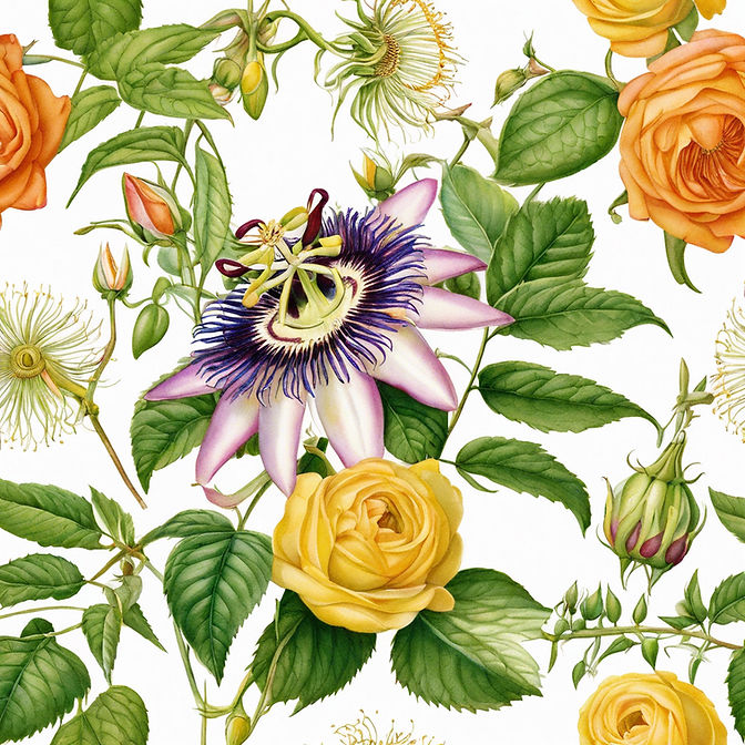botanical illustration border of roses and passionflower with white background.jpg