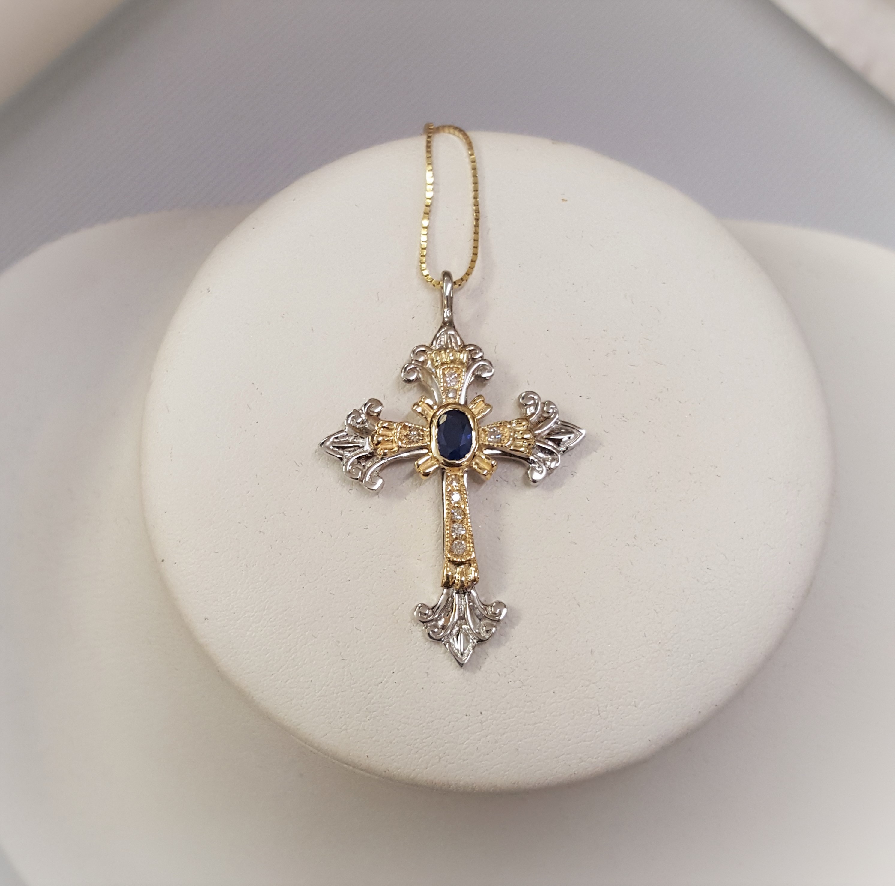 Blue Faceted Sapphire Diamond Cross
