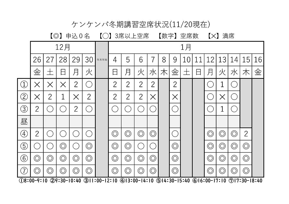 【塾生用】2025‐2026冬期講習空席状況