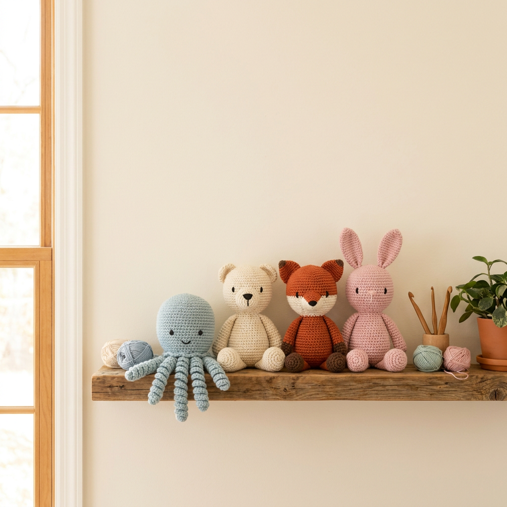 A shelf of handmade amigurumi companions